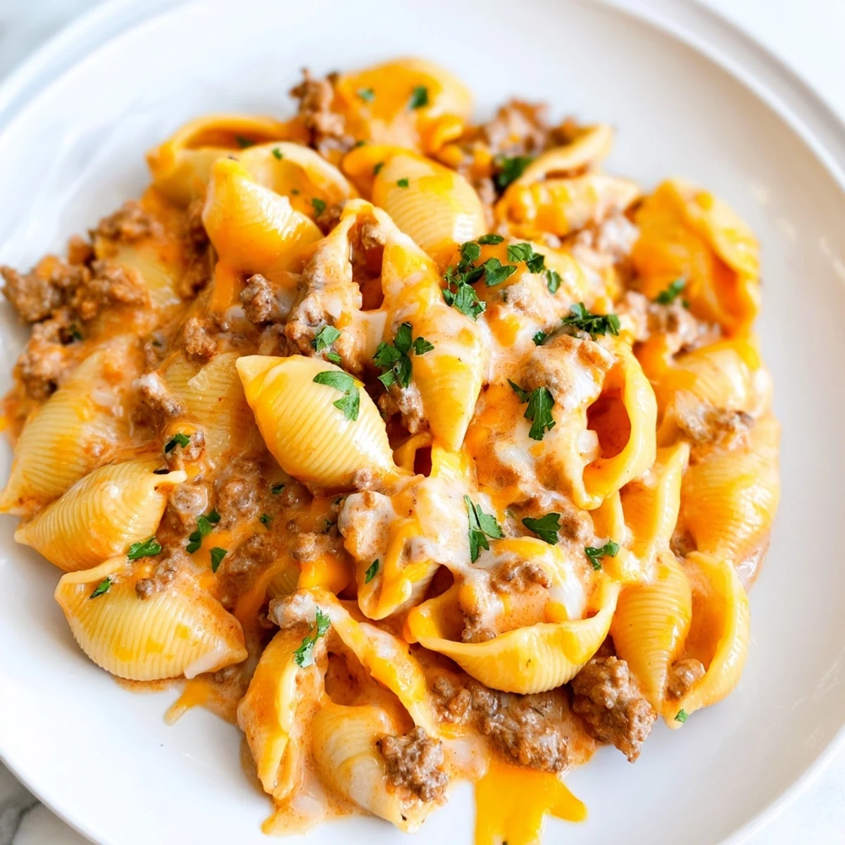 Creamy one pot beef shells pasta with melted cheddar and fresh parsley garnish in a white bowl