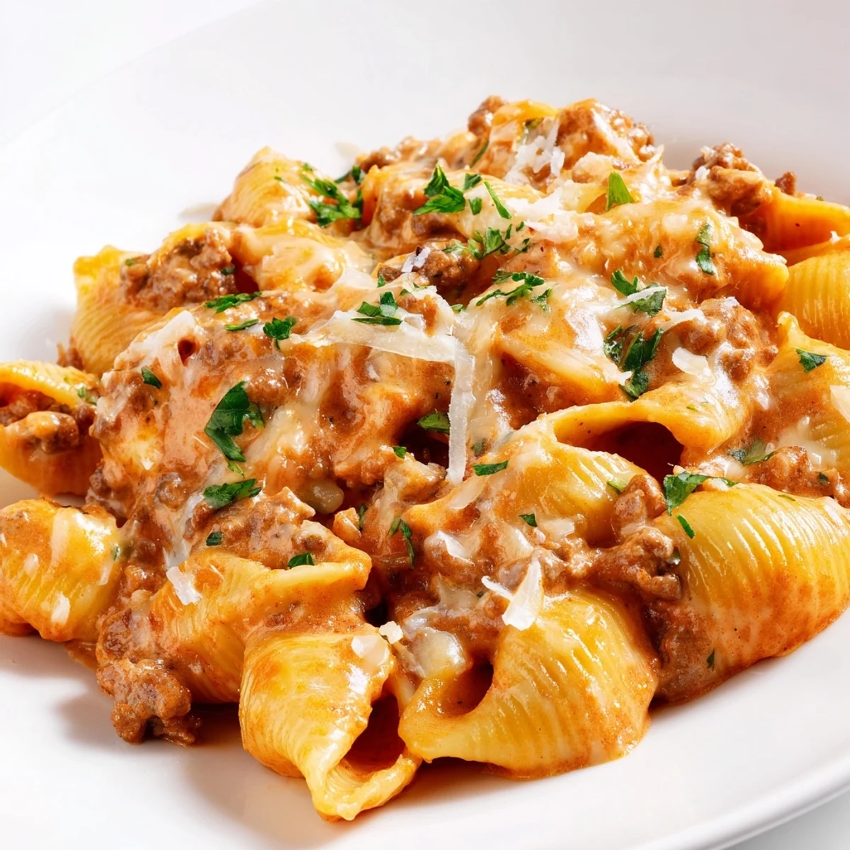 Steaming plate of creamy one pot beef shells featuring tender pasta in rich tomato cream sauce