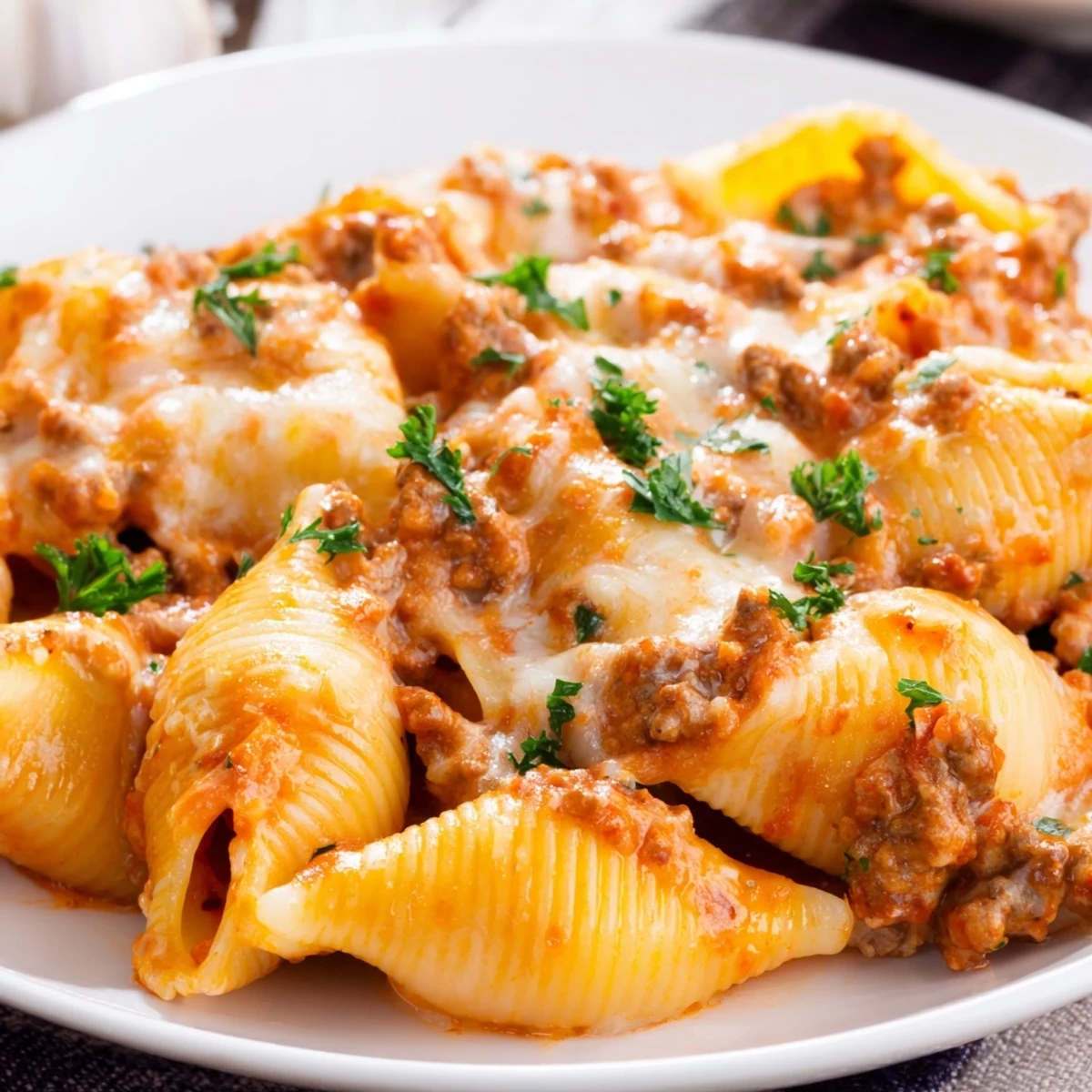 Close up of creamy one pot beef shells with ground beef and cheesy sauce coating each shell