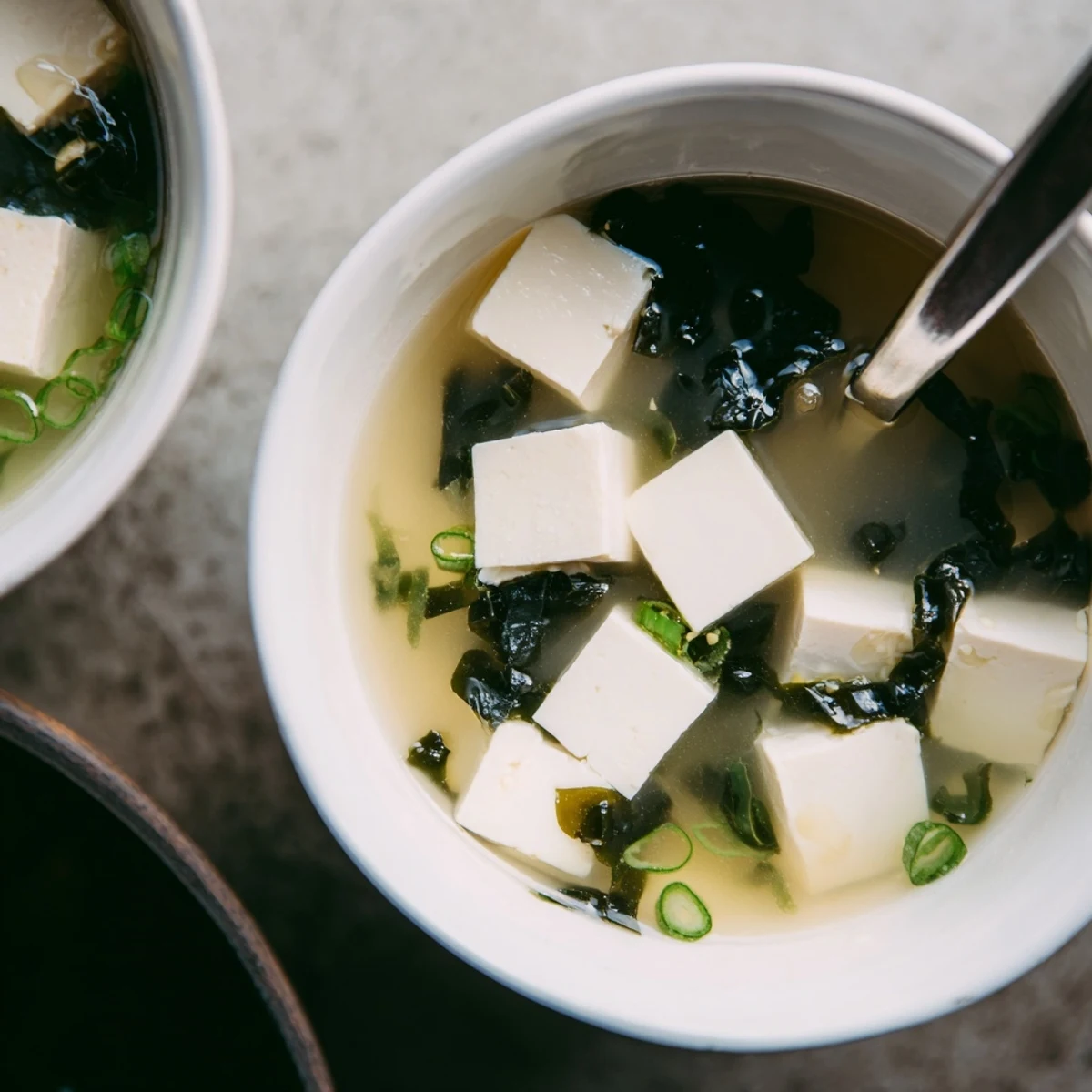 Comforting vegetarian miso soup with delicate white miso flavor, diced tofu, and fresh scallion topping