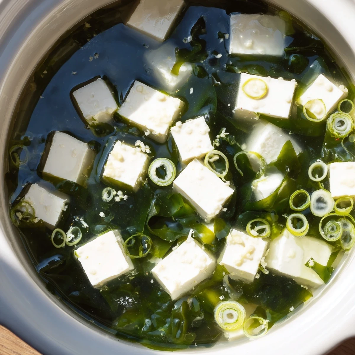 Golden miso broth featuring silky tofu and rehydrated wakame seaweed in a traditional ceramic soup bowl