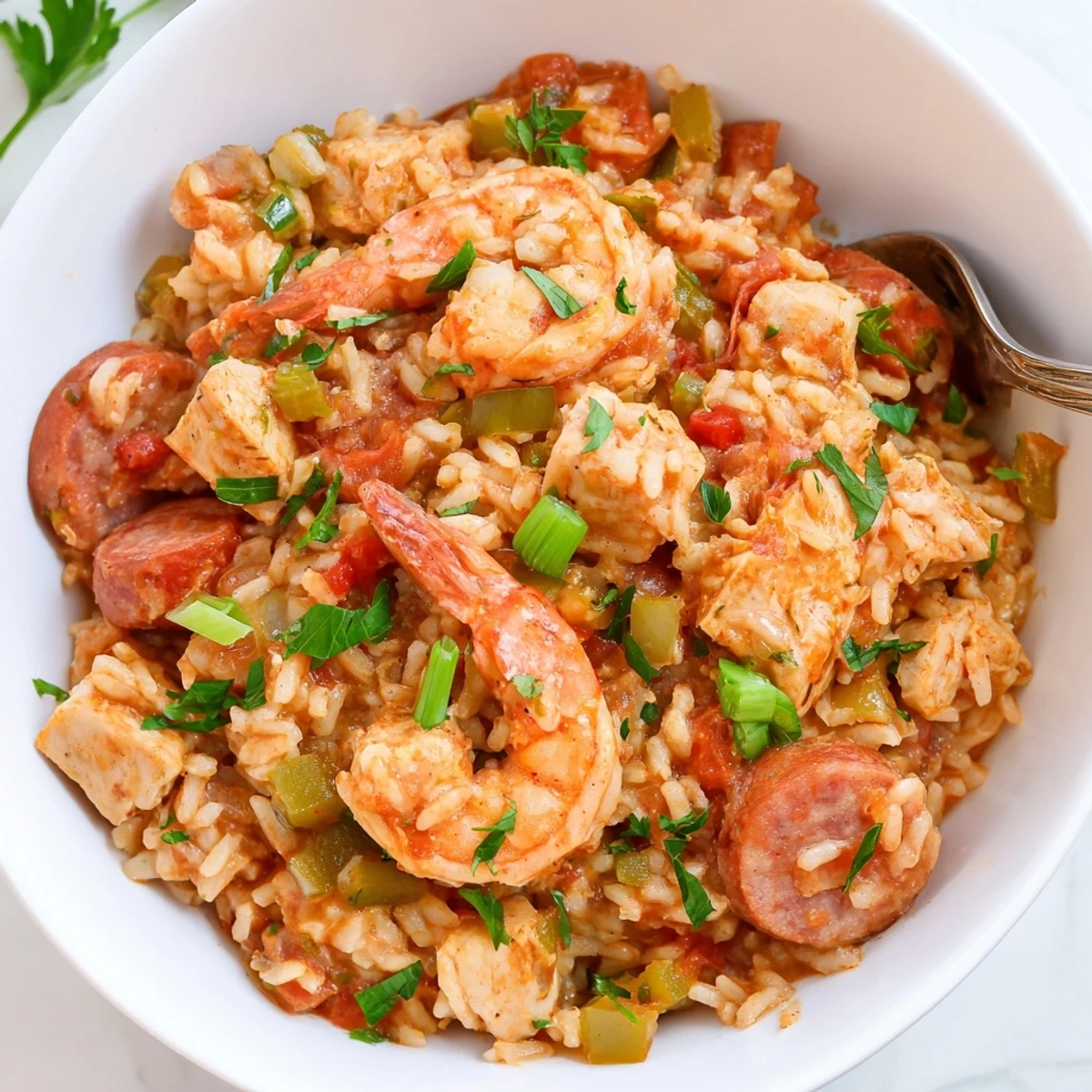 Hearty One Pot Cajun Jambalaya featuring tender shrimp, andouille sausage, and fluffy spiced rice in a colorful bowl.