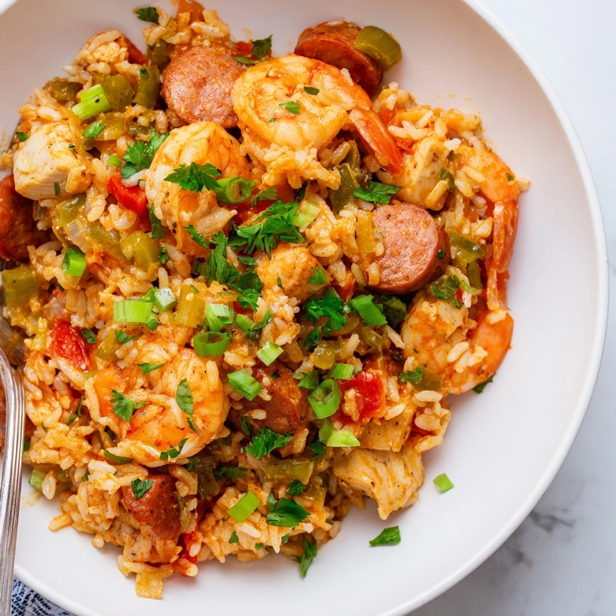 Vibrant One Pot Cajun Jambalaya brimming with plump shrimp, sliced sausage, and rice seasoned with aromatic Cajun spices.