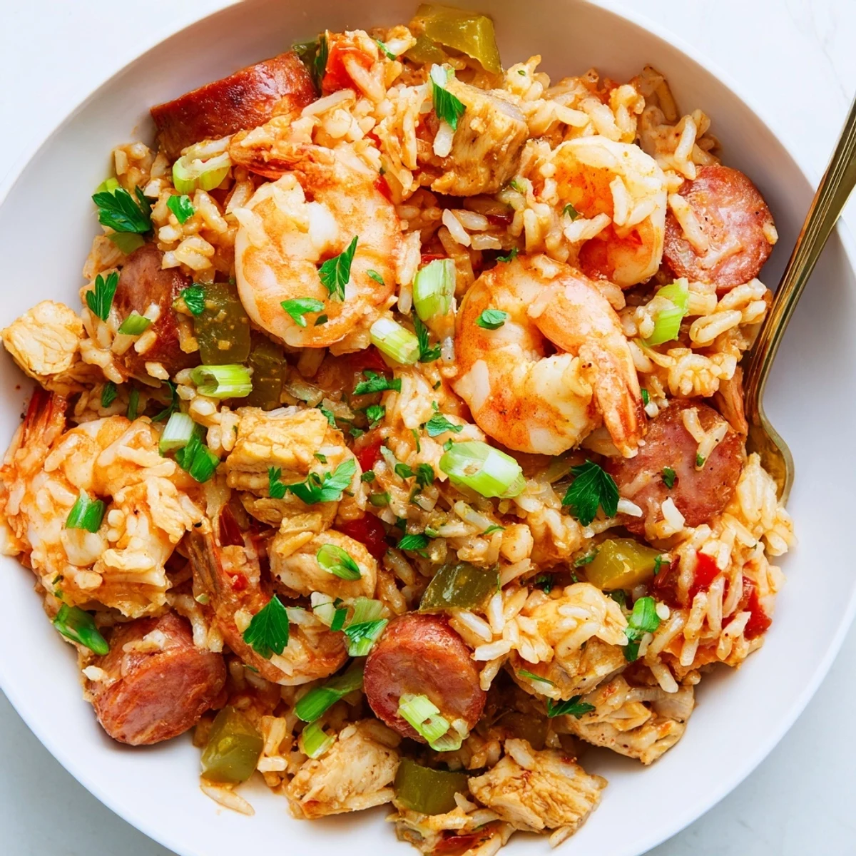 Steaming One Pot Cajun Jambalaya served family-style, showcasing succulent chicken, pink shrimp, and andouille in a rich tomato-based rice dish.