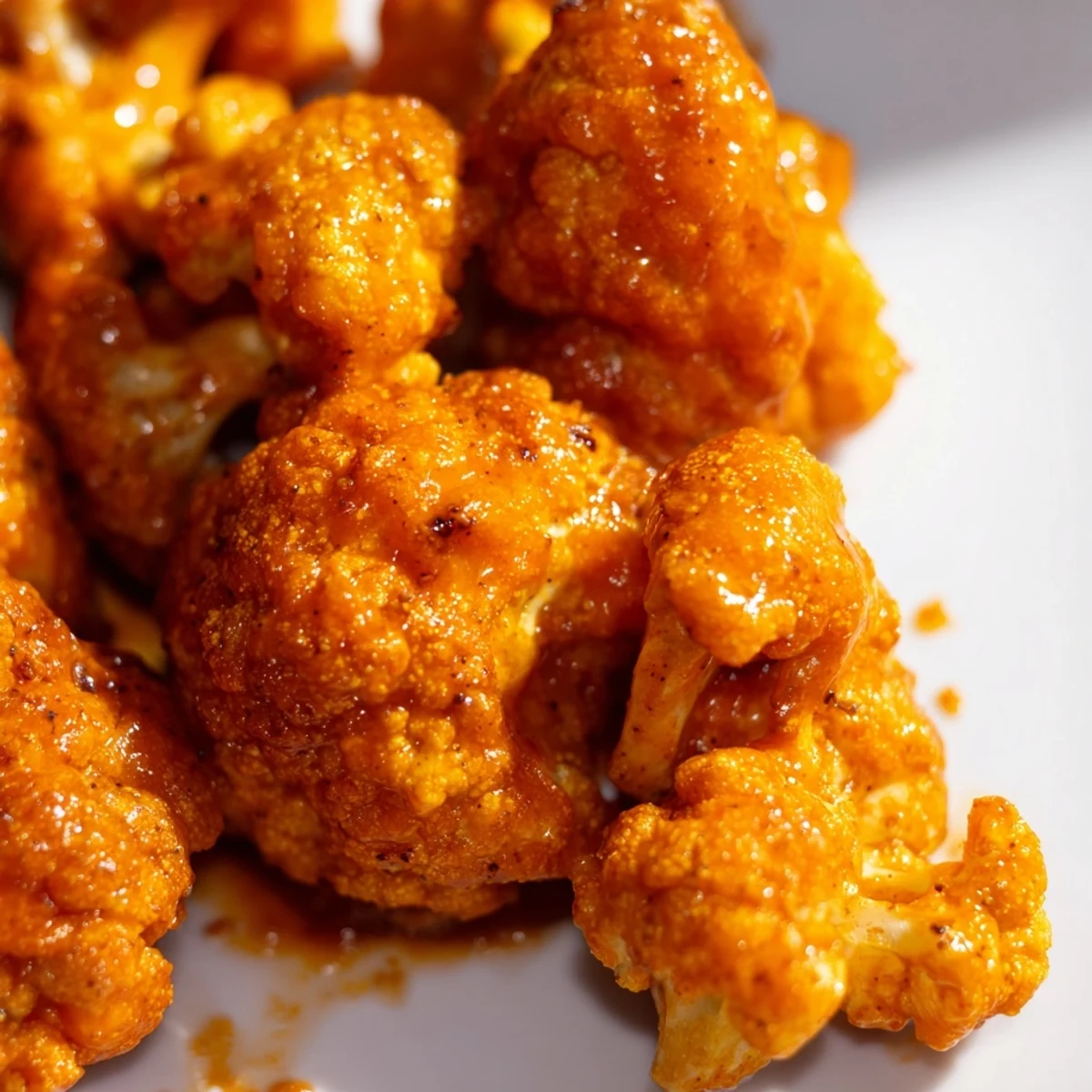 Golden crispy buffalo cauliflower bites arranged on a white plate with celery and ranch dip