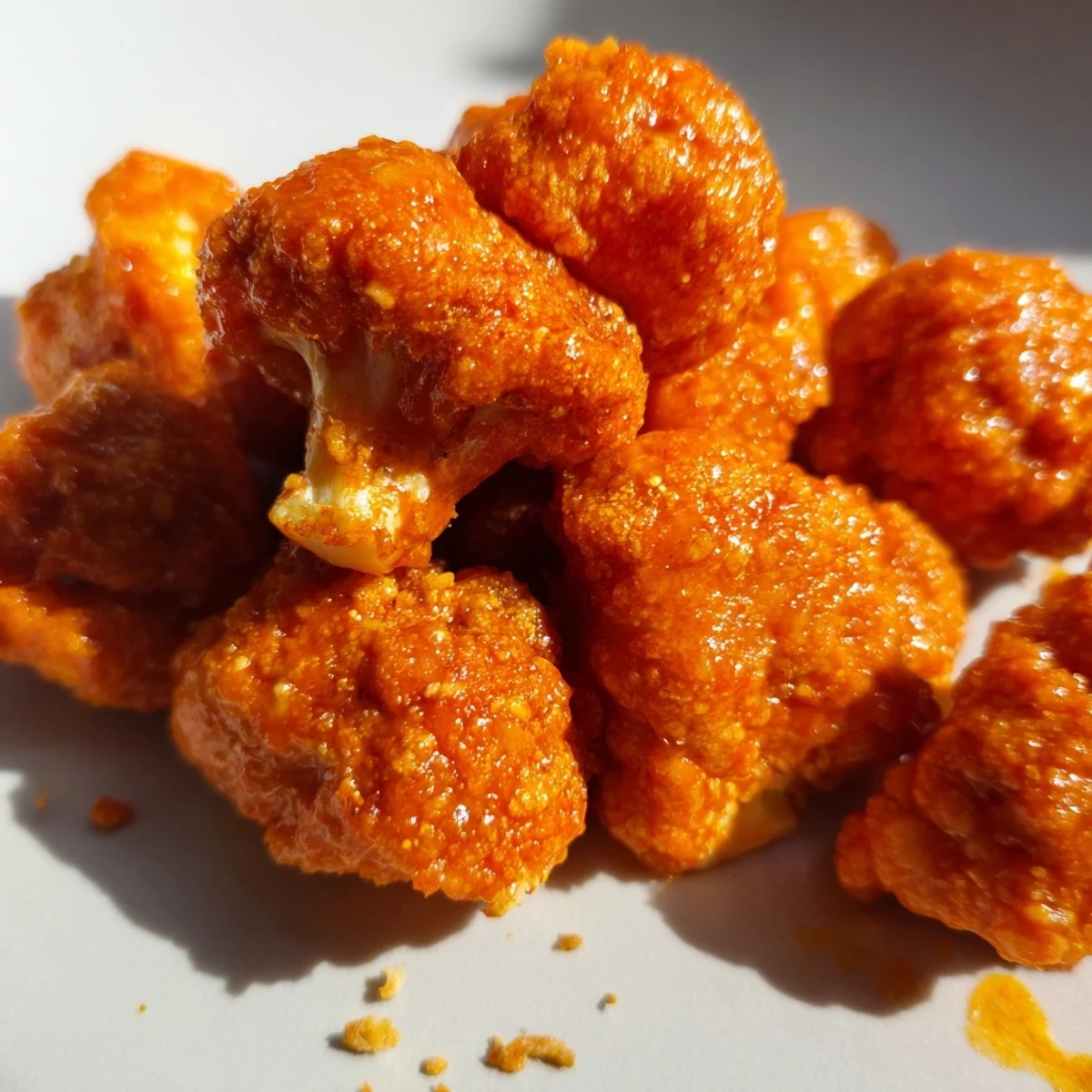 Crispy oven-baked buffalo cauliflower bites coated in fiery sauce served with blue cheese dressing