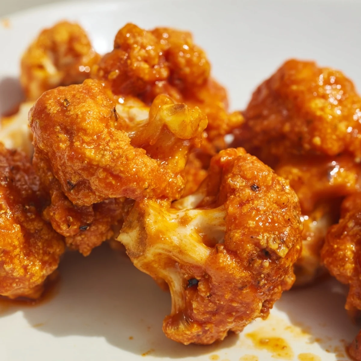 Spicy baked buffalo cauliflower bites glistening with tangy red sauce beside fresh vegetable sticks