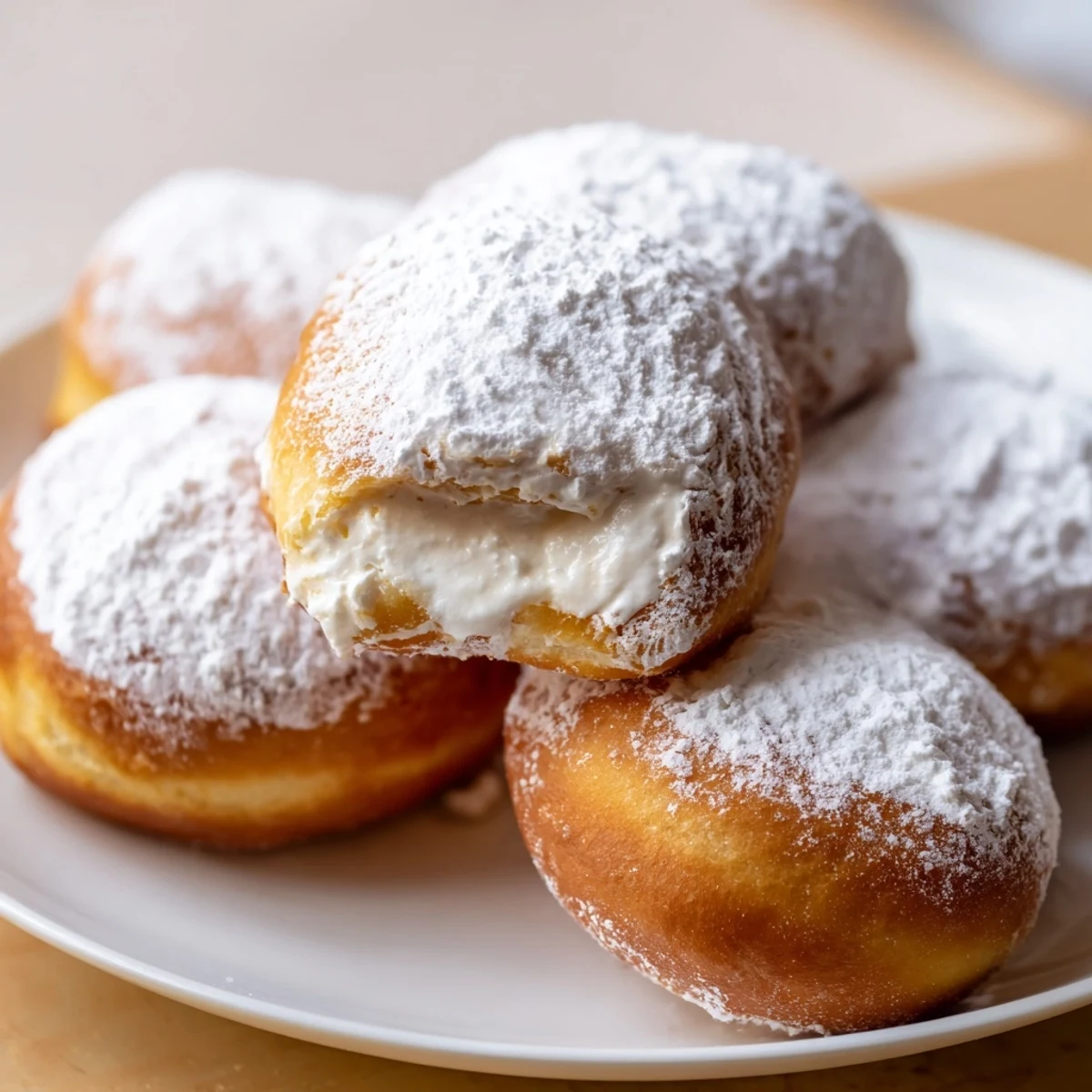 Golden Korean milk cream donuts dusted with powdered sugar after being fried to perfection