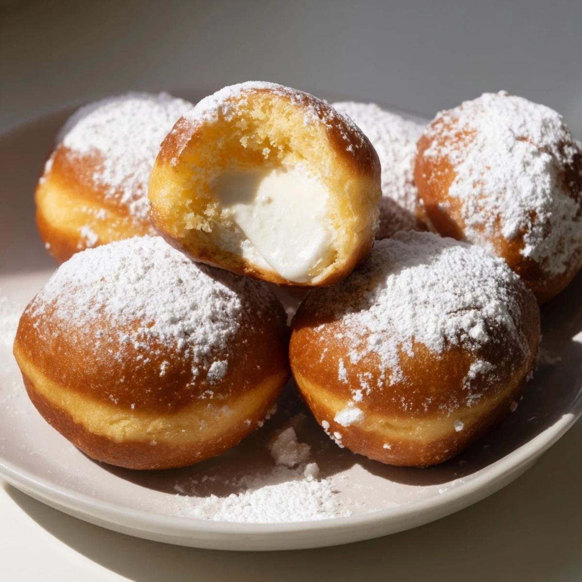 Soft pillowy donut filled with sweet milk cream sits on a white plate