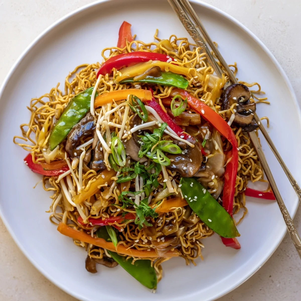 Vegetable-packed crispy noodle chow mein served on white plate with fresh garnish