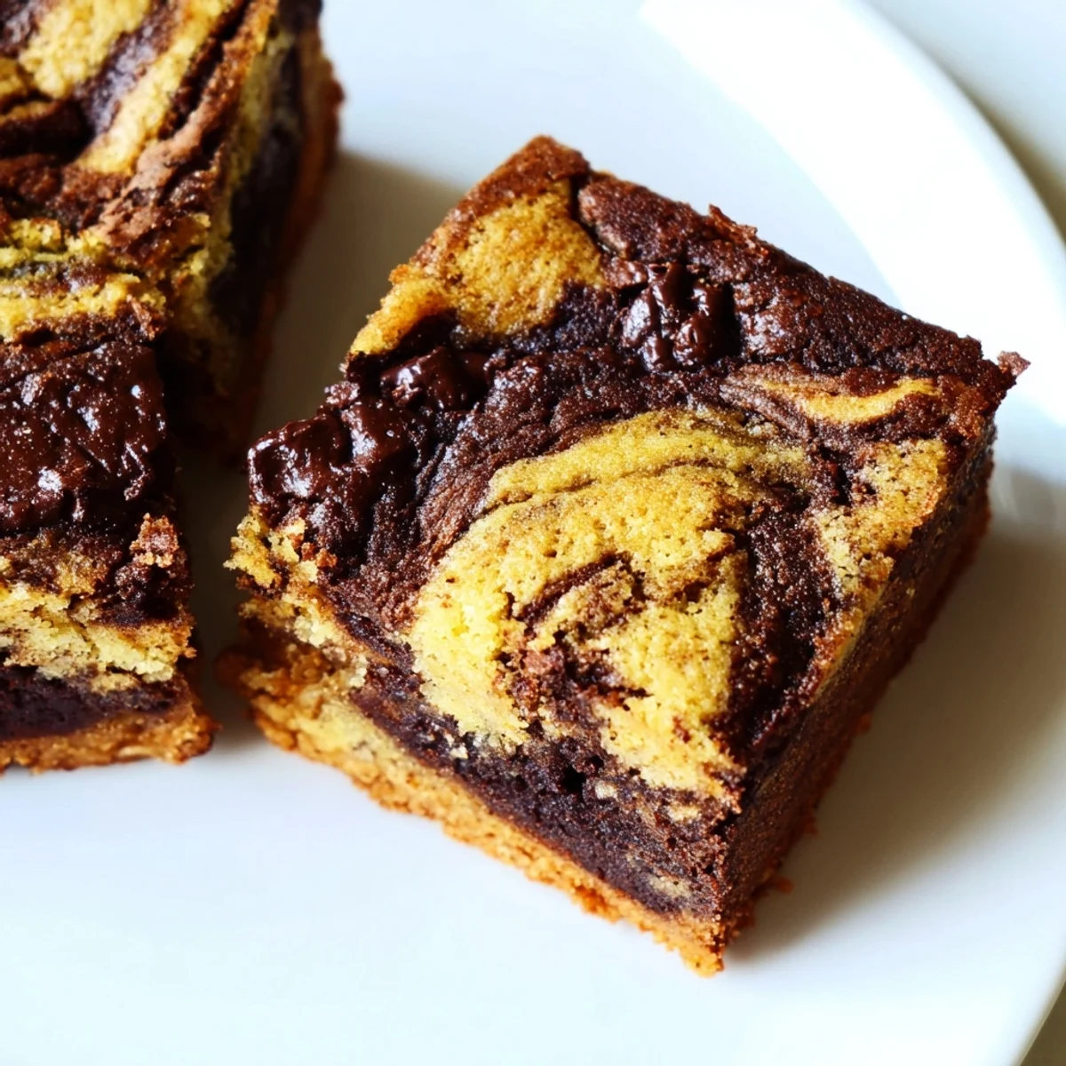 Golden banana bread brownie bars with marbled chocolate and banana swirled together
