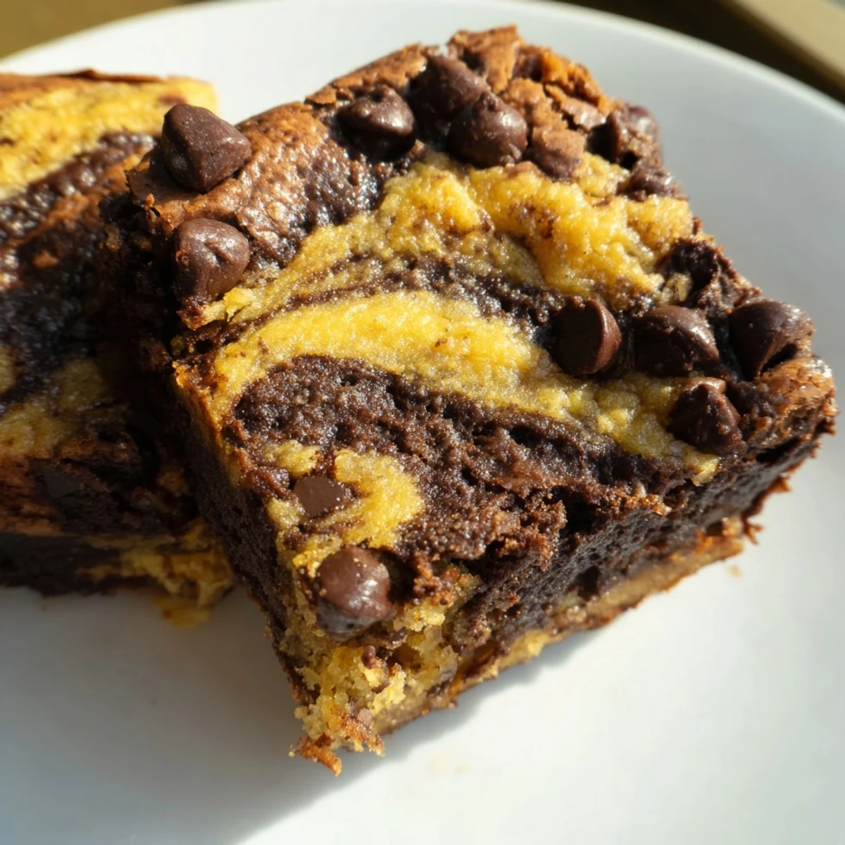 Fudgy chocolate brownie layer swirled with sweet banana bread batter in marble pattern