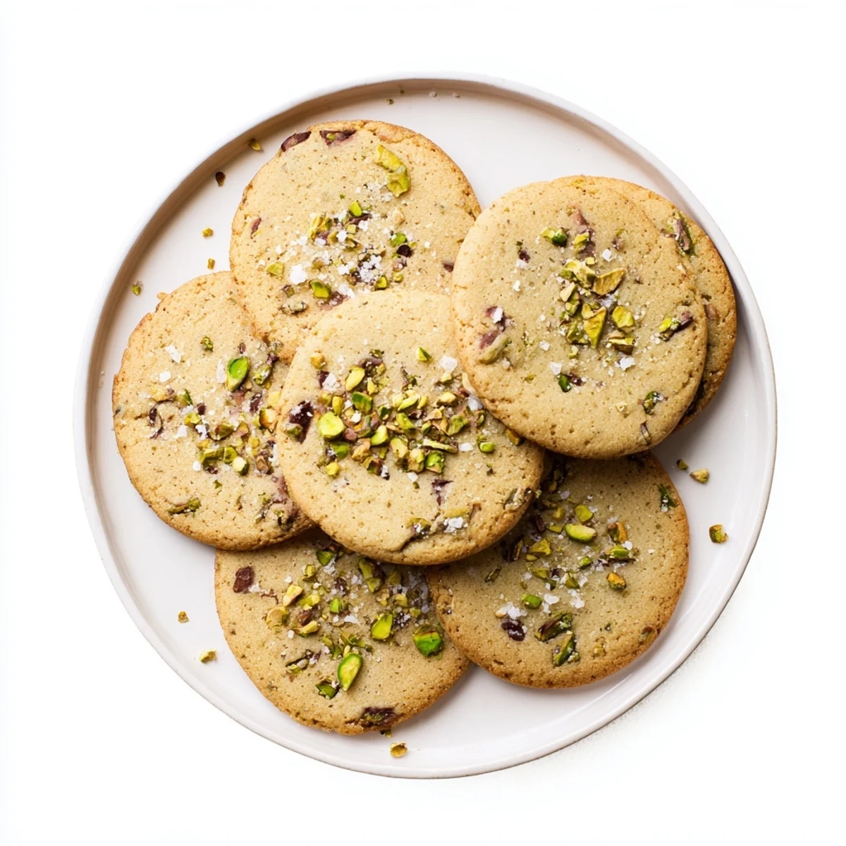 Golden brown salted pistachio cookies topped with sparkling flaky sea salt on a wooden board