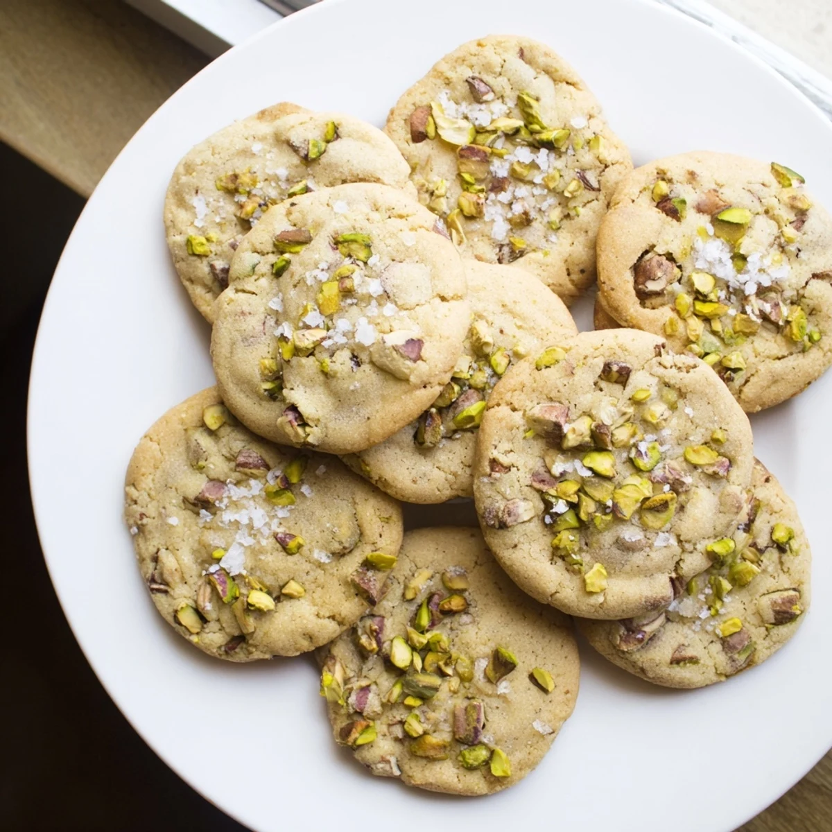 Soft baked salted pistachio cookies studded with green nuts and crunchy salt crystals