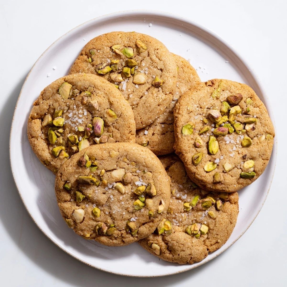 Buttery salted pistachio cookies cooling on a wire rack with melted chocolate edges