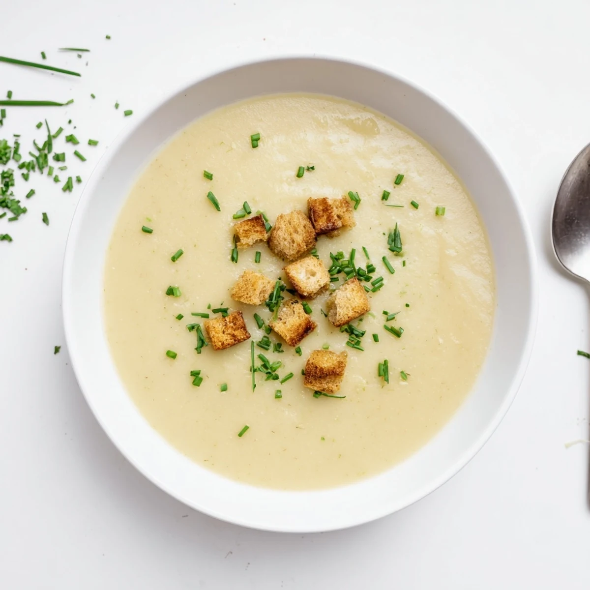 Bowl of creamy potato leek soup garnished with fresh chives and crusty bread