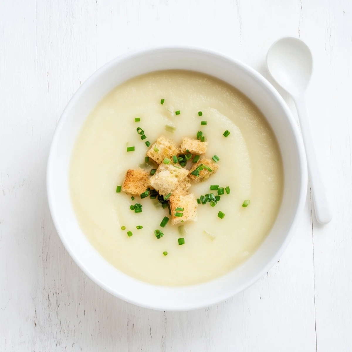 Homemade potato leek soup with floating croutons and creamy pale green texture