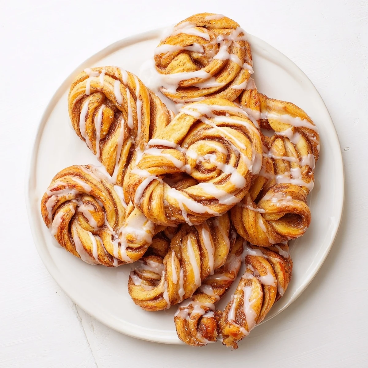 Golden sweet cinnamon twists drizzled with vanilla glaze on a serving platter