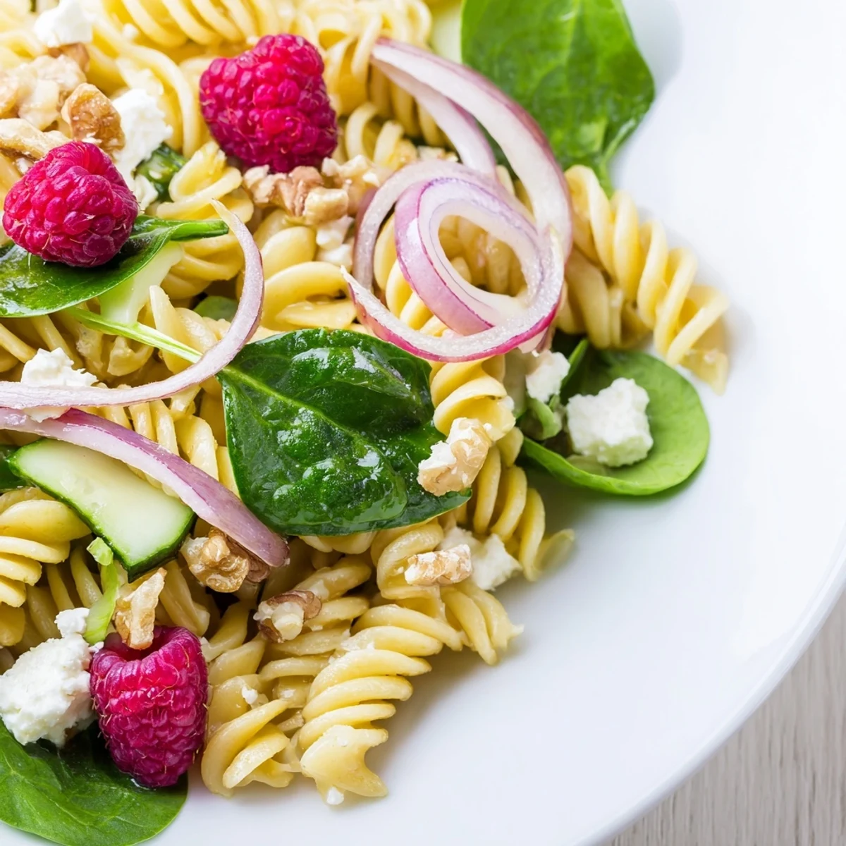 Colorful Raspberry Spinach Feta Pasta Salad showcasing vibrant red berries, fresh green leaves, and white crumbled cheese in a rustic serving bowl