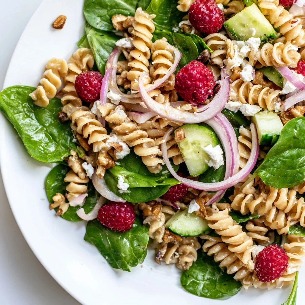 Fresh Raspberry Spinach Feta Pasta Salad tossed with tangy vinaigrette, sliced cucumber, red onion, and toasted walnuts for summer entertaining