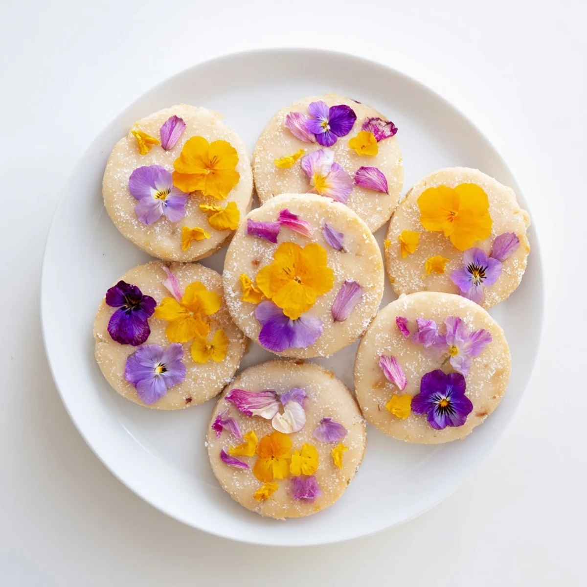 Golden spring flower shortbread cookies topped with colorful edible violets and pansies on white plate