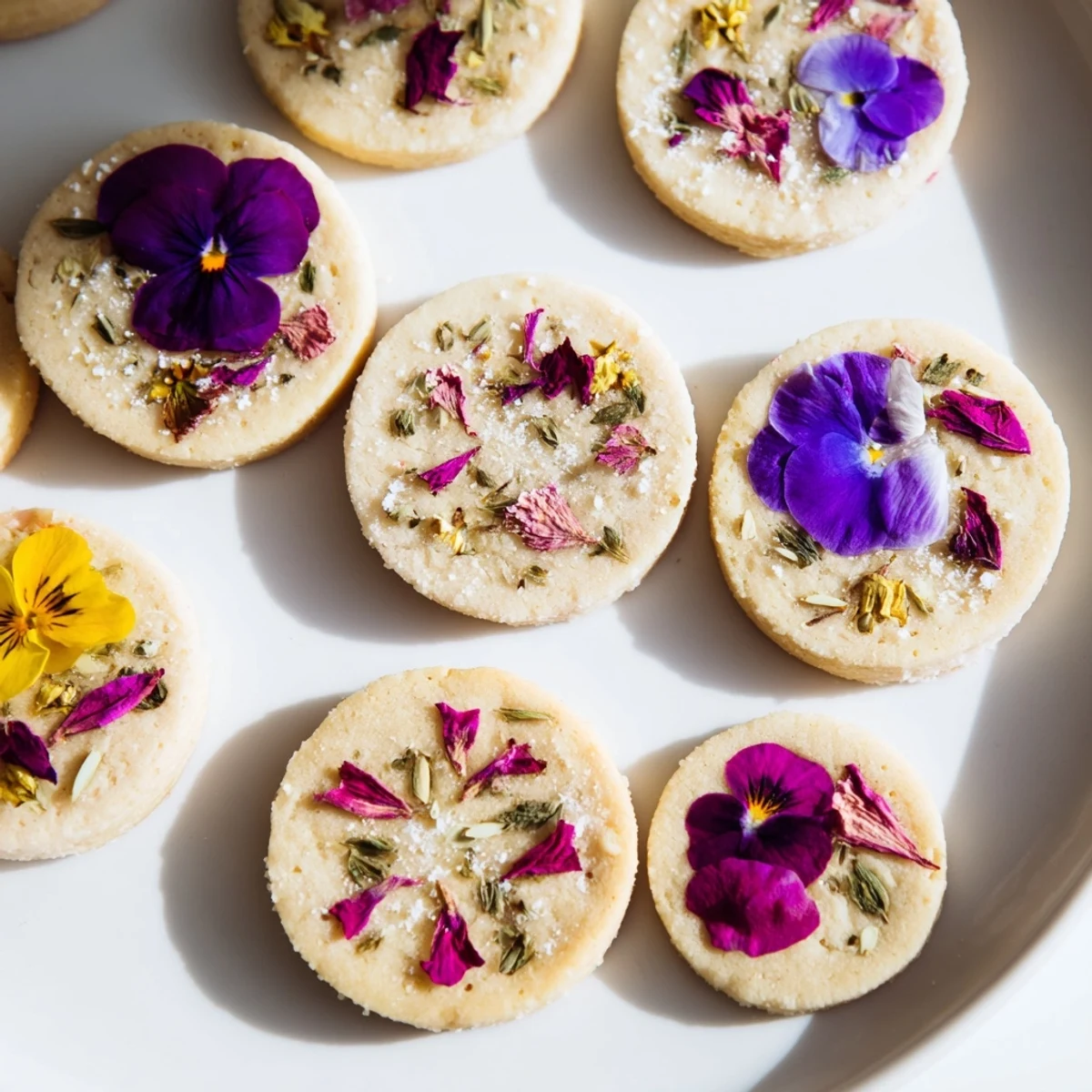 Buttery shortbread cookies decorated with pressed marigold petals and rose petals for afternoon tea