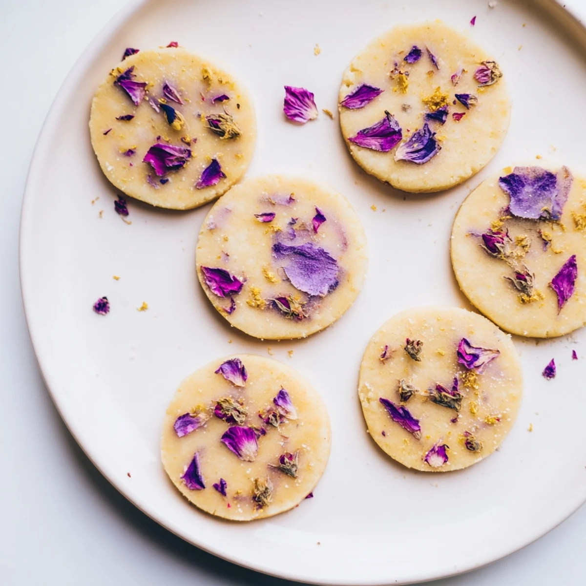 Delicate flower-adorned shortbread sprinkled with sugar featuring vibrant spring blossoms on baking sheet