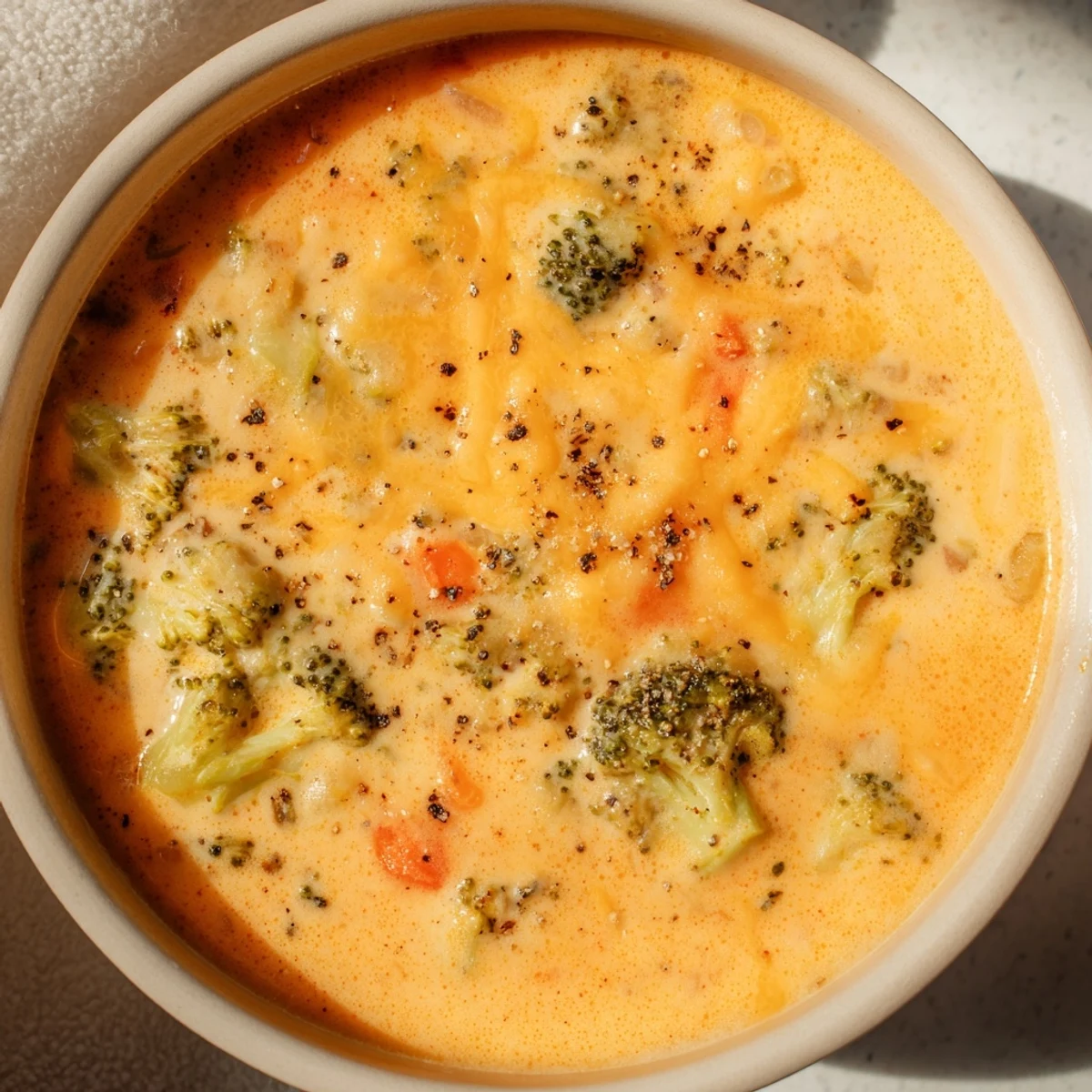 Homemade creamy broccoli cheddar soup served with crusty bread on a wooden table