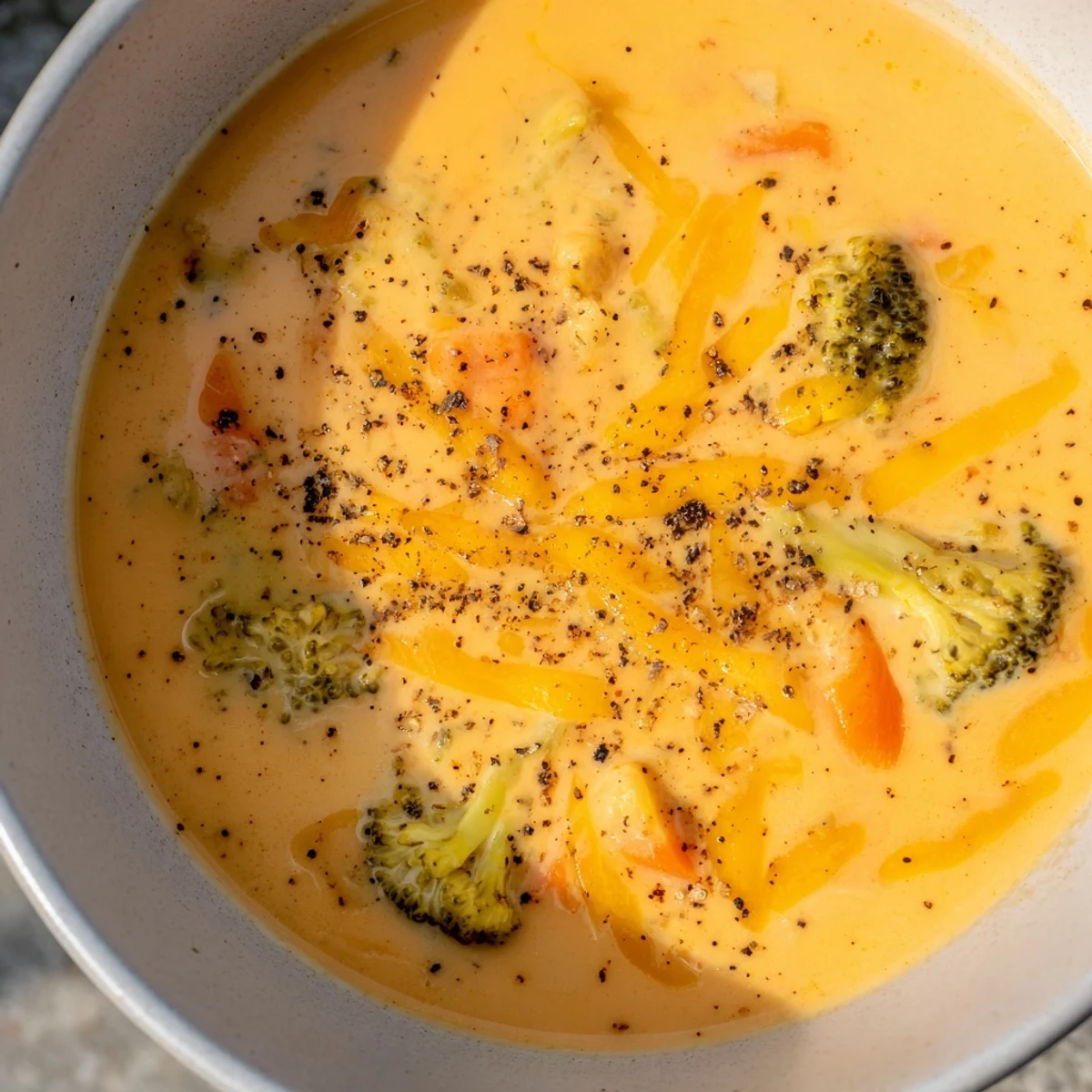 Bowl of rich and velvety creamy broccoli cheddar soup garnished with shredded cheese
