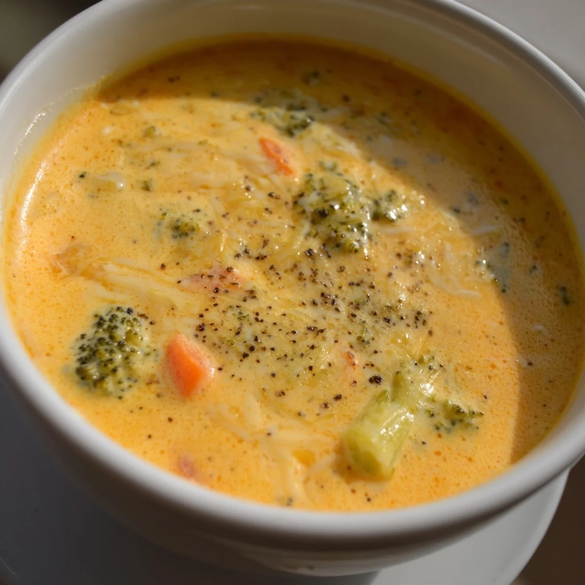 Steaming hot creamy broccoli cheddar soup with fresh broccoli florets and melted cheddar