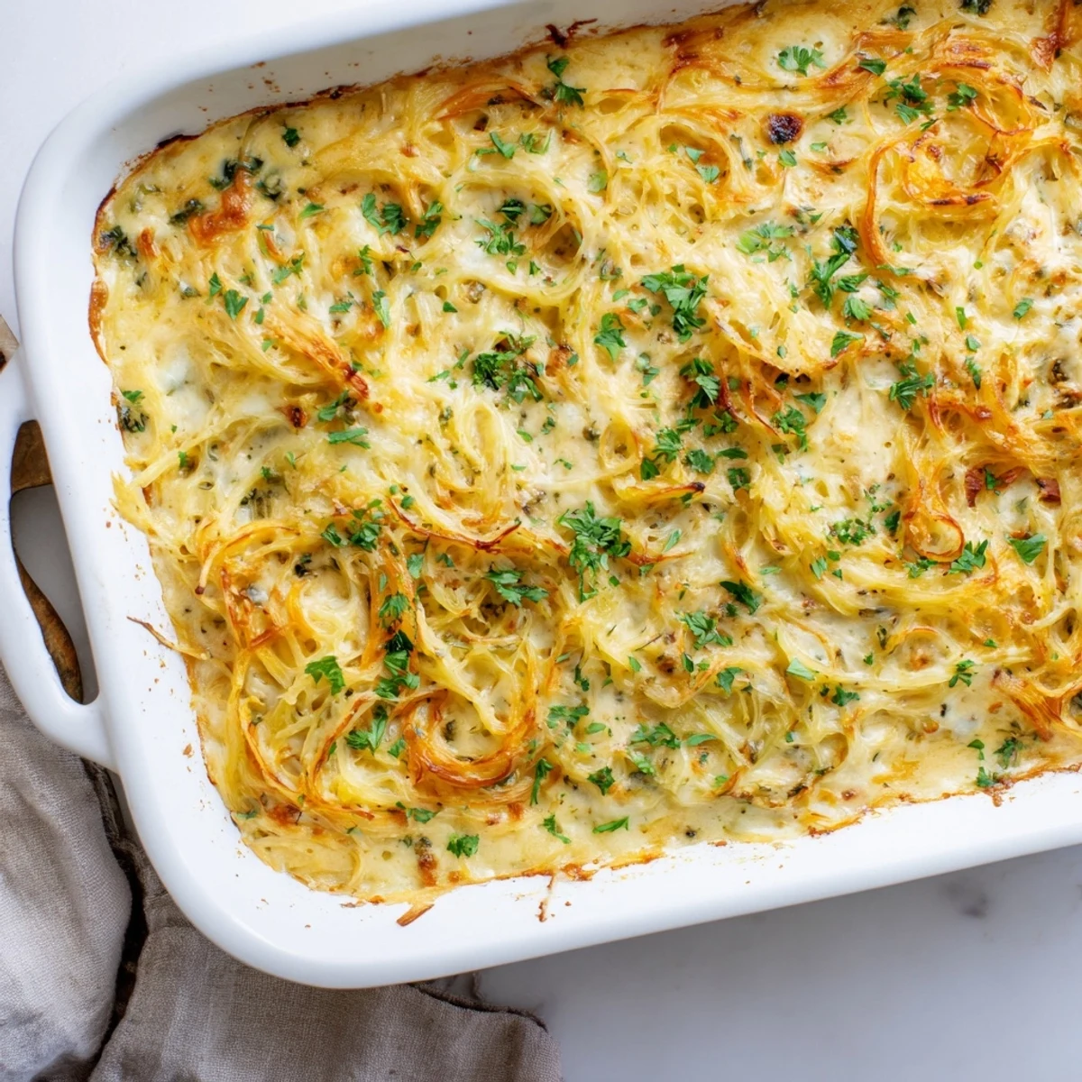 Creamy low-carb Spaghetti Squash Au Gratin baked in a white ceramic dish with cheese topping