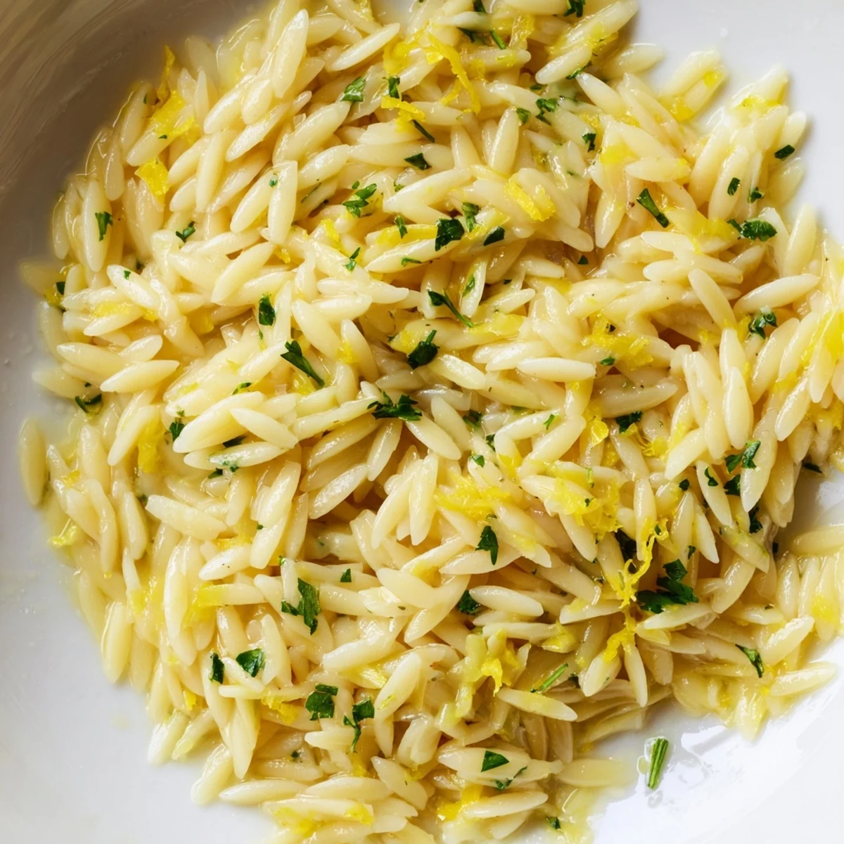 Light Mediterranean lemon orzo plated with parmesan and lemon zest sprinkles on top