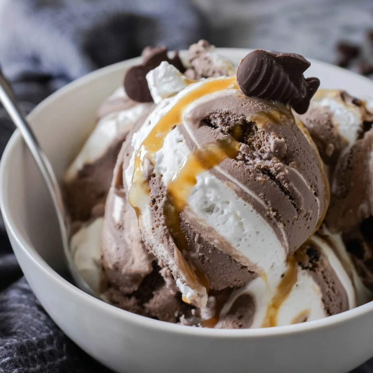 Creamy Ninja Creami Phish Food ice cream swirled with marshmallow fluff, caramel ribbons, and chocolate fish pieces