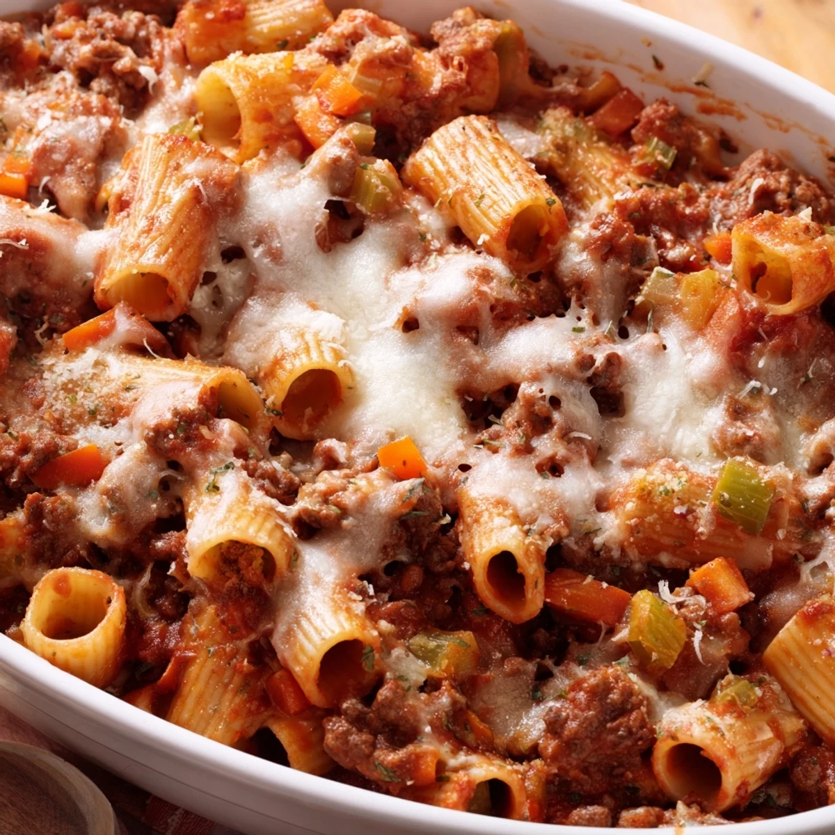 Golden bubbling Bolognese pasta bake fresh from the oven with melted cheese topping