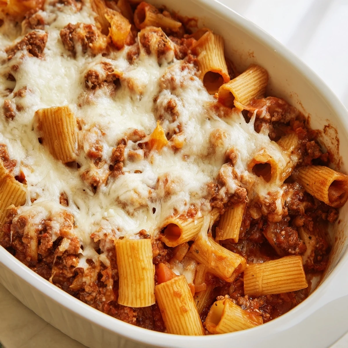 Rigatoni pasta tossed in rich meat sauce topped with mozzarella and Parmesan cheese