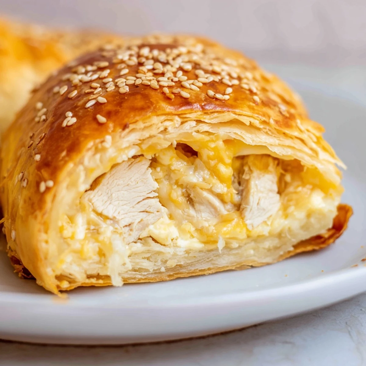 Golden brown cheesy chicken pockets baked on a white baking sheet with flaky pastry crust
