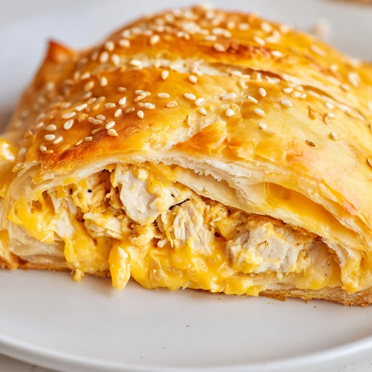 Baked cheesy chicken pockets sprinkled with sesame seeds served on a rustic wooden cutting board