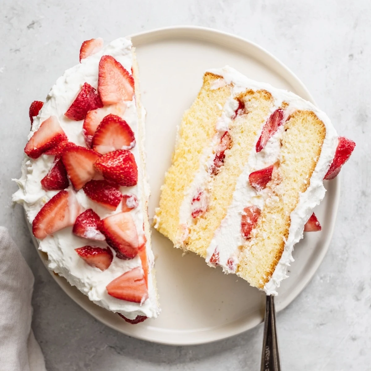 Light fluffy strawberry shortcake cake topped with macerated berries and homemade whipped cream