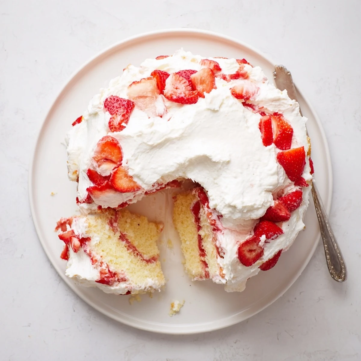 Summer dessert featuring tender vanilla cake stacked with fresh strawberries and cream