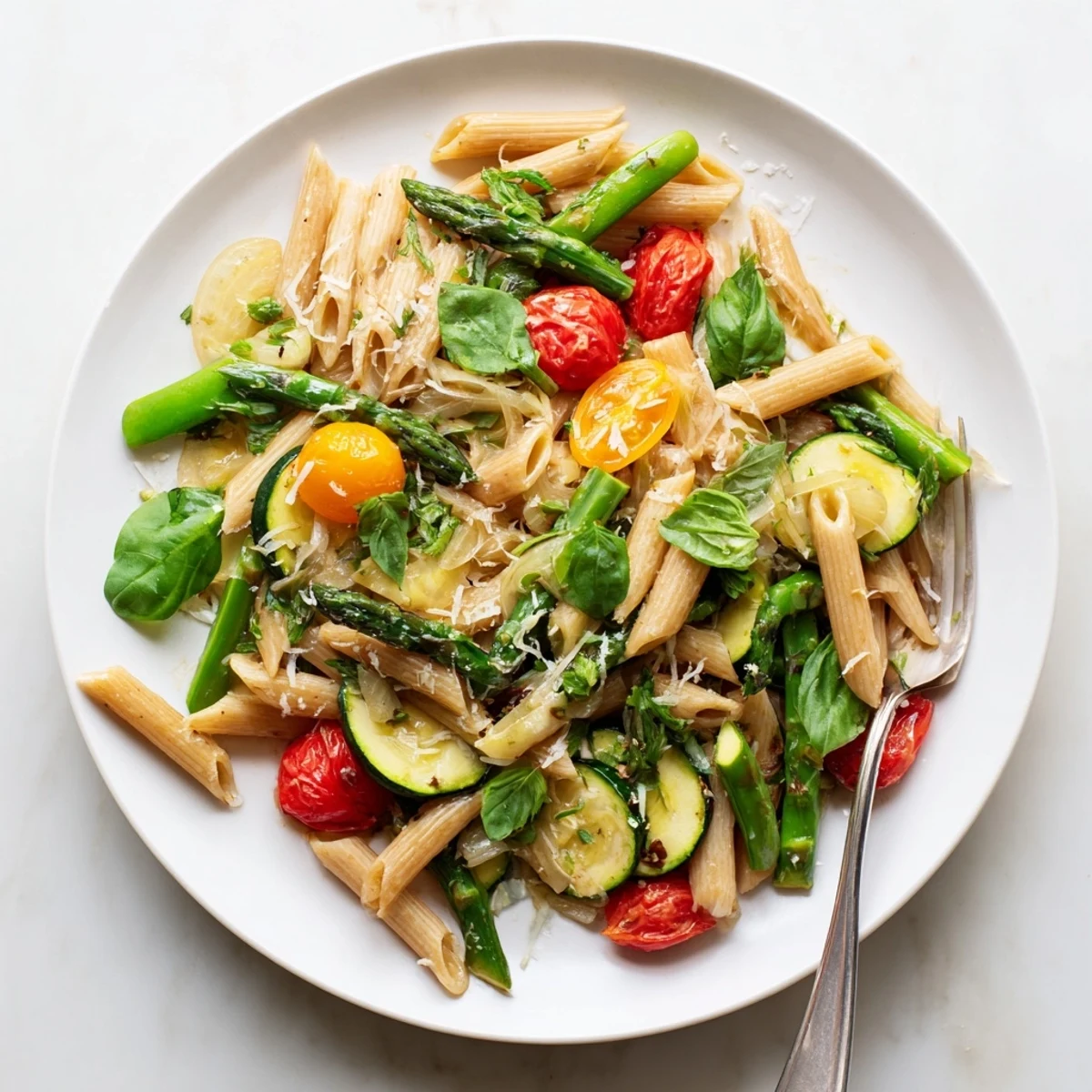 Vibrant one pot spring vegetable pasta recipe featuring tender zucchini, spinach, and Parmesan in a single skillet