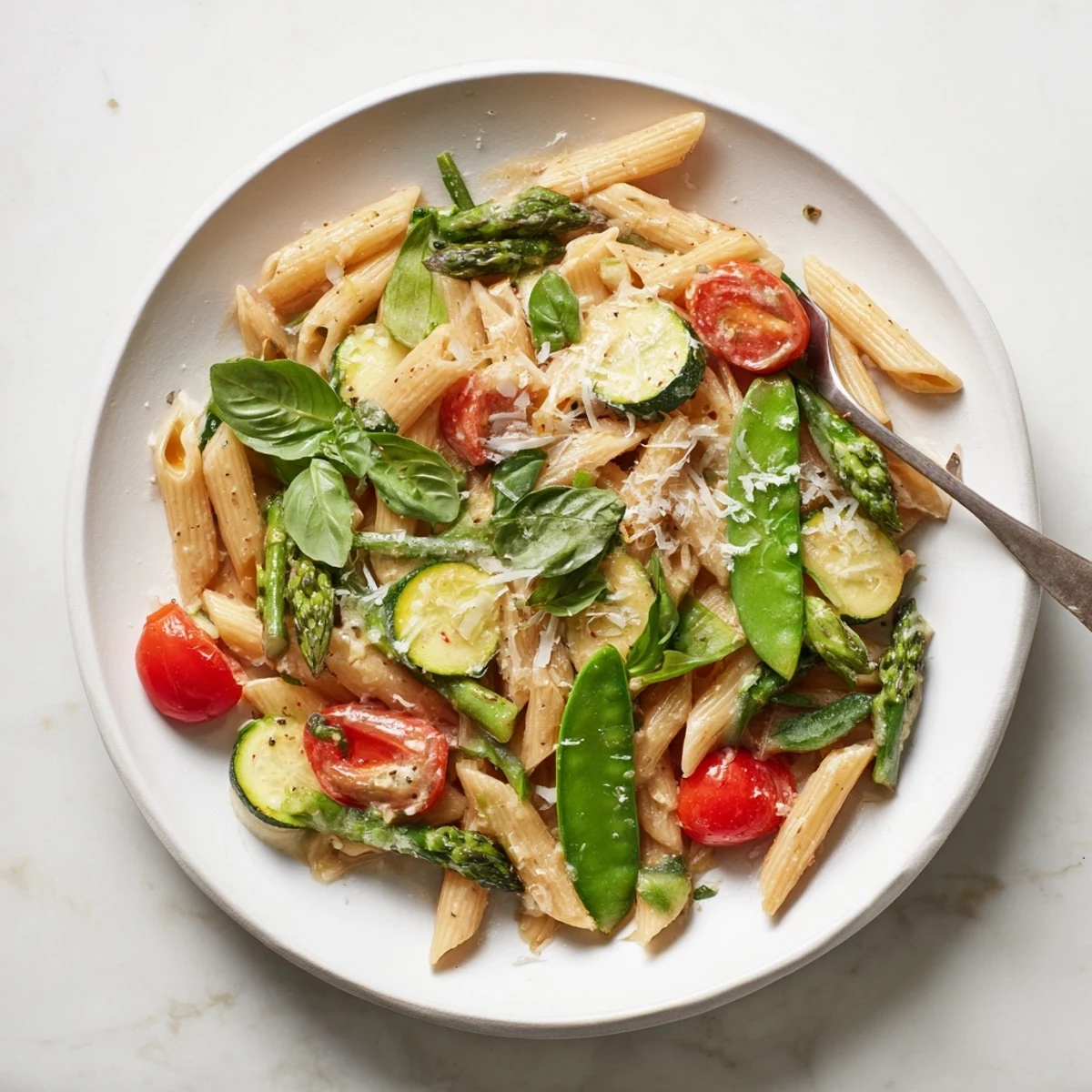Golden pasta mingling with bright green asparagus, snap peas, and cherry tomatoes in this one pot spring vegetable pasta recipe