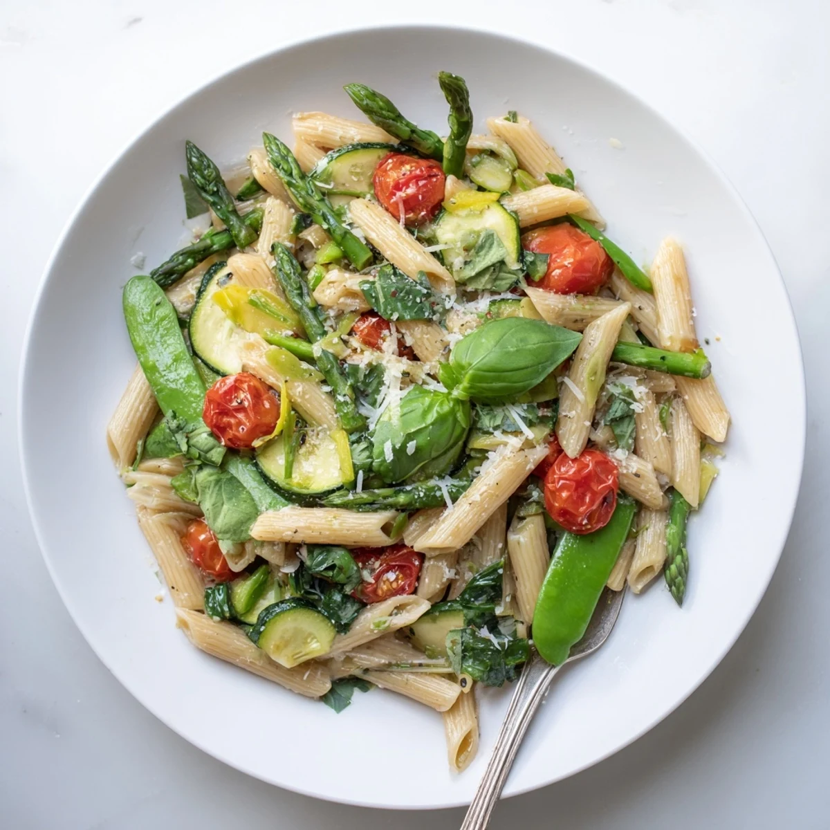 Fresh one pot spring vegetable pasta recipe showcasing colorful seasonal vegetables perfectly coated in lemon herb sauce