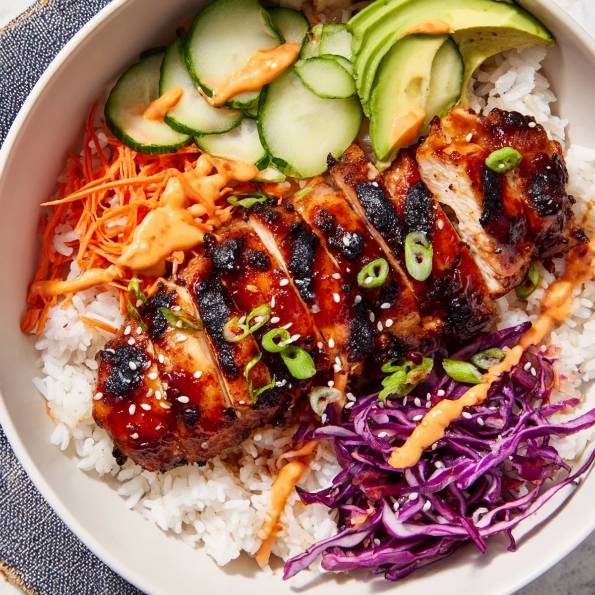 Golden grilled Korean BBQ chicken slices glazed in sweet savory sauce atop fluffy white rice