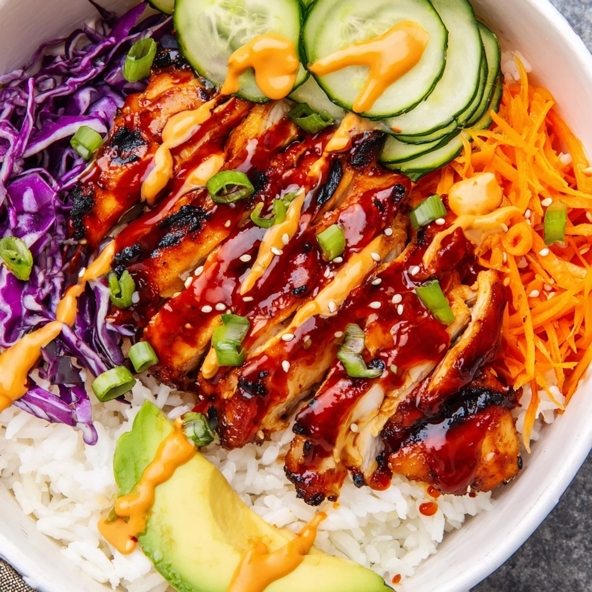 Vibrant Korean BBQ chicken bowl featuring colorful vegetables avocado slices and spicy gochujang mayo drizzle