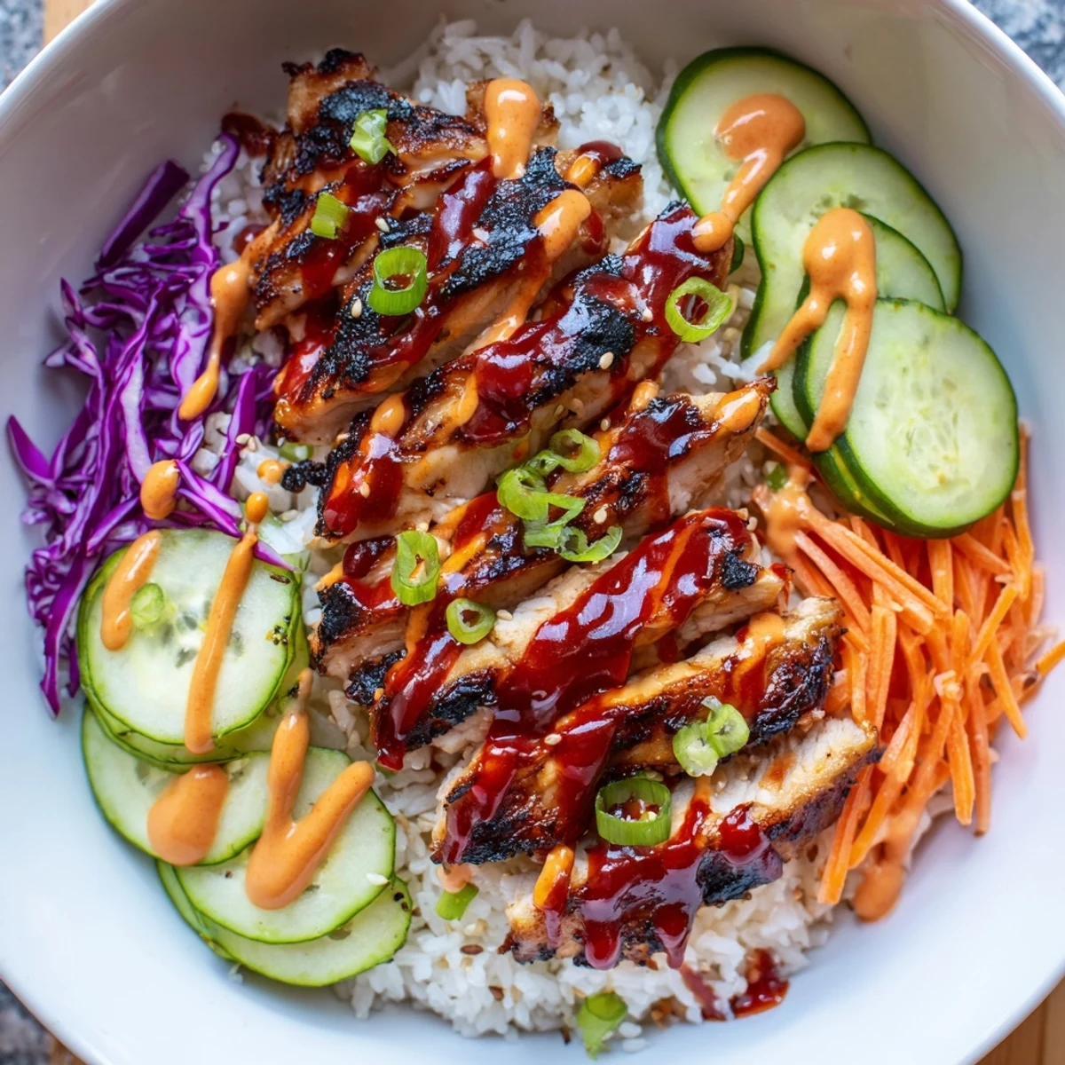 Succulent marinated chicken thighs arranged in Korean BBQ bowl with fresh crisp vegetable toppings