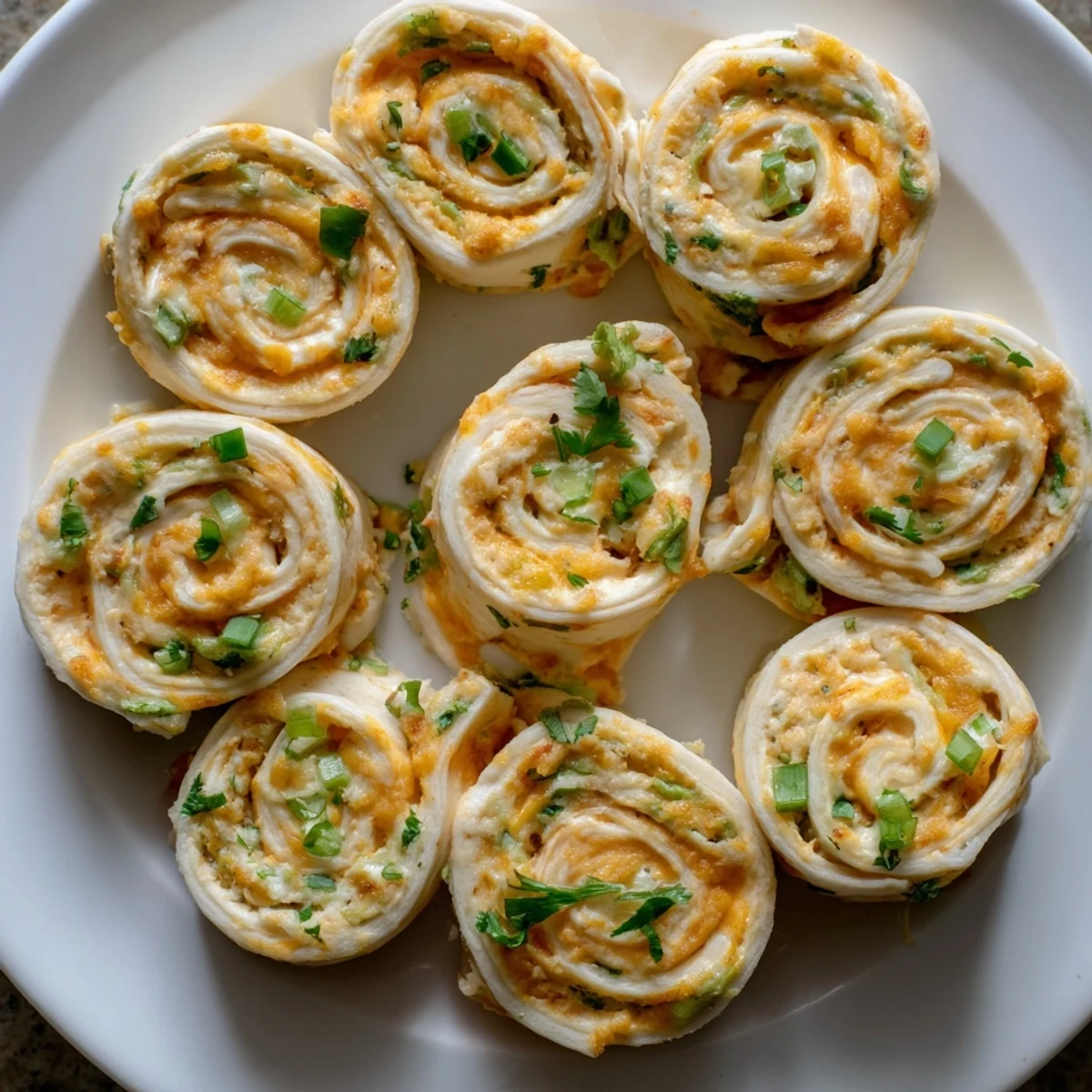Warm appetizer pinwheels sliced into rounds revealing creamy jalapeño cheese center and green onions