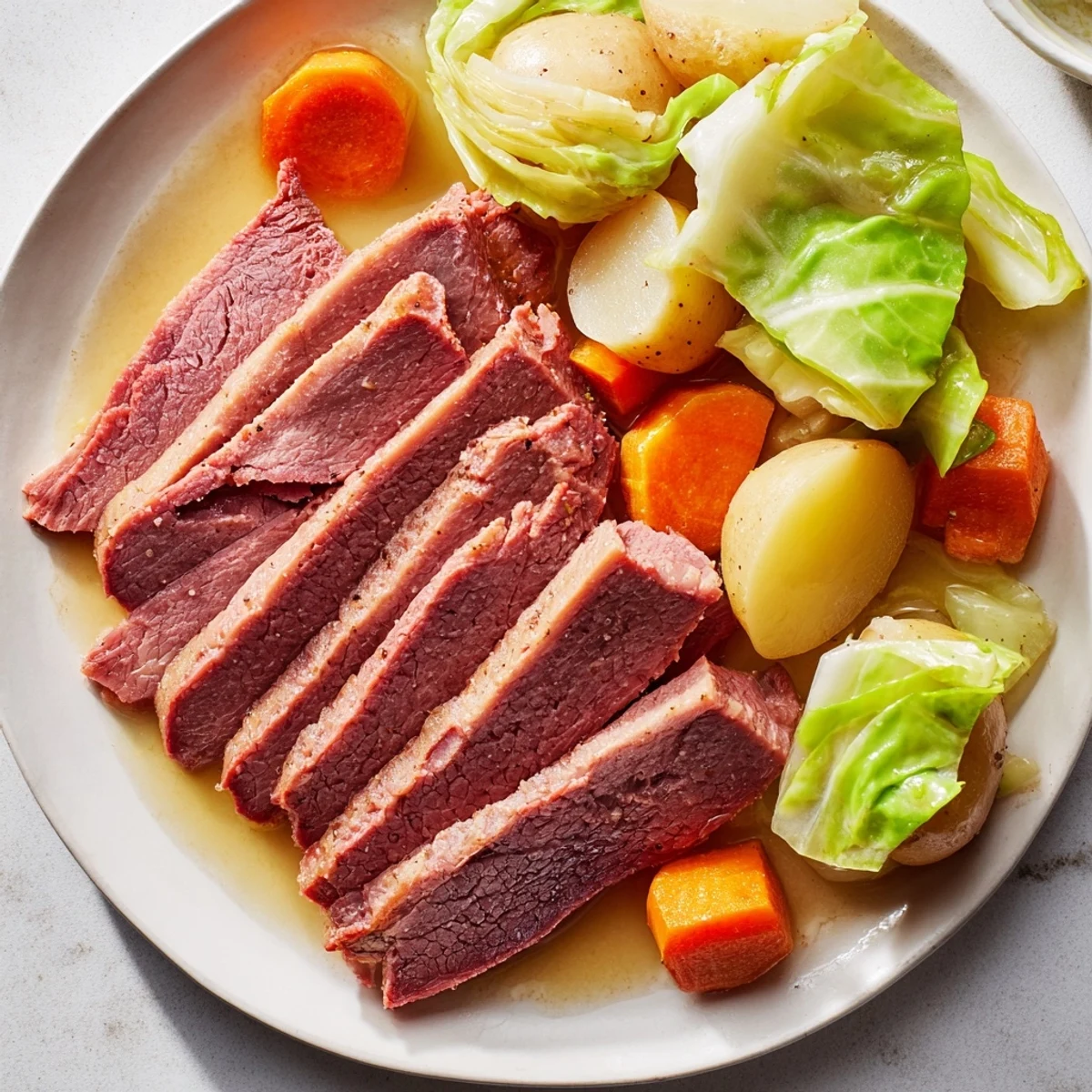 Tender slow cooker corned beef and cabbage served with golden potatoes and carrots in a rustic bowl