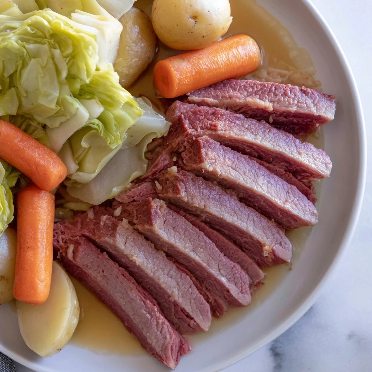 Fork-tender corned beef brisket slices plated alongside buttery cabbage wedges and roasted root vegetables