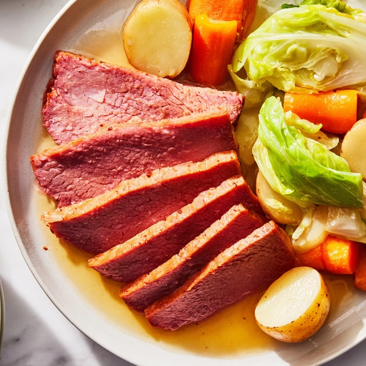 Hearty Irish-American corned beef and cabbage meal steaming in a slow cooker with colorful vegetables