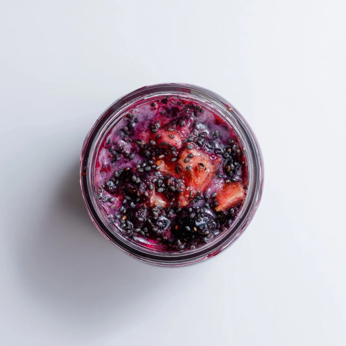Spoonful of vibrant easy berry chia seed jam studded with plump seeds and fresh berry bits
